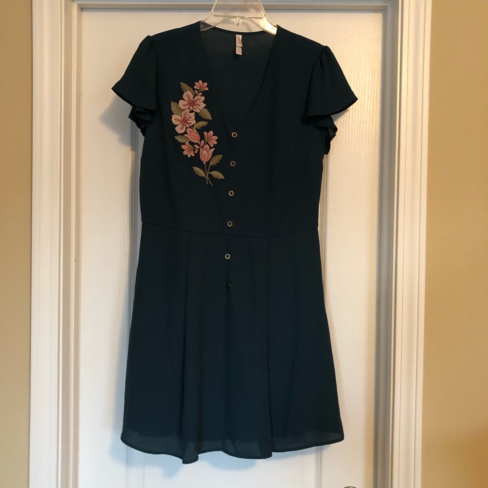 Dark Green Dress with embroidered floral design!